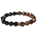 Faceted 10mm black and brown agate beaded bracelet with crystal micro-pave charms - Tiger's Eye & Obsidian Bracelet / 10mm Faceted Beads