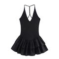 Eng anliegendes, rückenfreies schwarzes Ballett-Minikleid mit V-Ausschnitt und Rüschenrock - S / Schwarz
