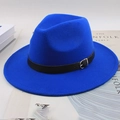 Bright blue wool fedora hat with black leather band and silver buckle detail - Flat Brim With Regular Leather Belt / Sapphire Blue