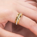 Classic gold eternity ring with round clear crystals on elegant silk background - Rhinestone Pave Gold Tone Ring (SE856)