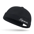 Minimalist black cotton docker hat with white Sports embroidery and metal buckle strap - Adjustable / Black