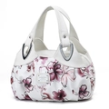 Stylish white handbag featuring pink and purple floral prints with silver hardware - White-Lily Floral