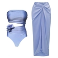 Three-piece metallic lilac swimwear set with 3D floral accent and high-slit skirt - S / Bandeau One-Piece Set