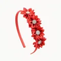 Detail of red satin fabric flowers with rhinestone centers on a slim children headband - Red