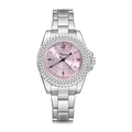 Elegant women's silver watch with pink dial and rhinestone bezel by Dinimi - Silver Pink