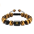 Handmade tiger eye stone beaded bracelet with letter M initial on a woven cord - Letter M