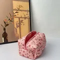 Pink floral quilted cosmetic bag with soft cotton texture and inner red grid lining - Pink Large Rose