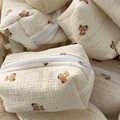 Beige Kosmetiktasche aus Baumwolle mit Teddybär-Muster und weißem Reißverschluss - Bär