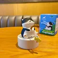 Black and white cartoon fishing cat resin figurine with rod and yellow fish variant - Fishing Cat Series - Cow Cat