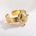 18K gold plated titanium ring featuring white mother of pearl and clover design - R01027-Gold Mother of Pearl Clover