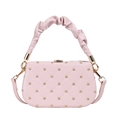 Pink quilted handbag with floral studs and ruched handle shown on white background - Light Pink
