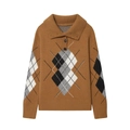 Pull en tricot marron à manches longues avec motif losanges et col polo boutonné - S / Bronze