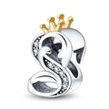 Detailed view of silver swan bead charm with gold crown and sparkling cubic zirconia stones - Letter S