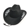 Detail of silver rose embroidery on a black felt western cowboy hat with chin strap - M (56-58cm) / Black Silver (Silver Flower Embroidery)
