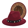 Burgundy wool fedora hat with pearl ribbon and stylish leopard print brim interior - Burgundy