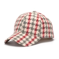 Close-up of houndstooth wool fabric texture and gold embroidery on the baseball cap - Red Grey Houndstooth (C)