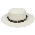 Ivory flat top straw hat with brown leather band and metallic bull head ornament - Cow Skull Studded Belt Style (298J)