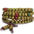 Detail of 108 sandalwood prayer beads in olive green with red accents and Chinese knots - Olive Green