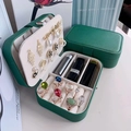 Double layer emerald green PU leather jewelry organizer box with earring and ring slots - Medium Double Layer Earring Style / Cross Grain Dark Green