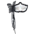 Silver sequin masquerade mask with a large black butterfly wing and hanging tassels - Side Butterfly Tassel Ribbon Style / White