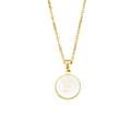 Minimalist 18k gold plated titanium necklace with round shell pendant featuring letter F - Letter F