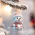 Rendering 3D di un adorabile pupazzo di neve appeso a un ramo innevato con cappello rosso - Simpatico pupazzo di neve con cappello a strisce (1)