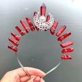 Detailed view of handmade silver crown with red crystal stones and white pearl moon charm - Crown Hairband / Dark Red