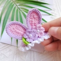 Handmade crochet bunny ear hair clip with purple and pink yarn, pearls and leaves - Purple Small Flower Rabbit Ears (Knitted)