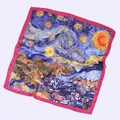 Starry Night art silk square scarf with rose red border in a flat lay display - Rose Red
