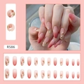 Pink gradient long almond press on nails with hand-painted tulip floral design - R586 Peach Gradient