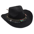 Close-up of black western cowboy straw hat with ethnic beaded band and turquoise - Black