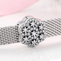 Minimalist S925 sterling silver mesh watch-style bracelet with pavé zircon floral charm - Floral Shape (PP0074)