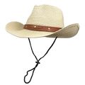 Detail of woven straw cowboy hat with faux leather studded band and adjustable chin strap - M(56-58cm) / Beige
