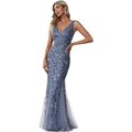 Elegant grey-blue sequined mermaid evening dress with a deep V-neck and mesh leaf patterns - US size 2 / Blue Gray