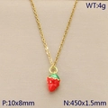 Pastel red strawberry pendant necklace on gold chain with green leaf enamel detail - Classic Red Strawberry Style (KN292114-Z)