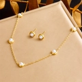 Elegant white pearl jewelry set with gold necklace and stud earrings on leather display - 2-Piece Set: Necklace + Earrings (N2811)