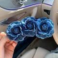 Denim fabric floral banana clip in deep blue, handmade rose hair accessory for women - Denim Blue Triple Flower Clip (13cm)