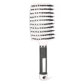 White curved vented hairbrush with black boar bristles and non-slip grey handle - White With Bristles