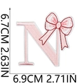 Detail view of pink bow embroidered letter N patch with exact size measurements - Pink Letter N