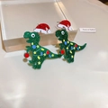 Christmas dinosaur earrings with green glitter, red Santa hat and colorful light patterns - Acrylic/Alloy Pin / Green Dinosaur Santa Hat Acrylic (41#)