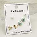 Three-pair stainless steel earring set featuring white pearls, enamel flowers, and gold dragonflies - Artificial Pearl & Flower & Dragonfly Set (TZ-ET0056-02)