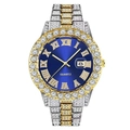 Macro detail of iced-out hip hop watch with blue dial and roman numerals date display - Two-Tone Case Blue Dial