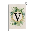 Letter V garden flag featuring green eucalyptus leaves on a textured linen background - Letter V