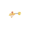 Detailed macro of golden heart planet ear bone stud with pink stone and star detail - Pink Heart Saturn Ring Style (24081301-8)