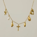 18k gold plated necklace with freshwater pearl starfish sea shell and cross charms - Letter T
