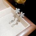 Macro detail of silver needle flower earrings with pearls and long tassel fringe - 85# Silver Earring Post - Silver - Flower
