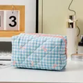 Blue gingham quilted cosmetic bag with pink bow print and soft textured fabric - Plaid Blue Bow