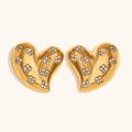 Elegant 18K gold plated heart stud earrings with sparkling white zircon floral patterns - Gold Rhinestone Heart Stud Earrings