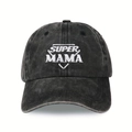 Close-up of white Super Mama embroidery on black washed denim vintage baseball cap - One Size / Black