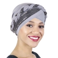 Close-up of grey turban hat featuring black and silver sequined braid trim details - Light Gray